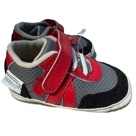 Robeez Sneakers Kids US 2 Grey Red Black Soft Sole Hook Loop‎ first shoes