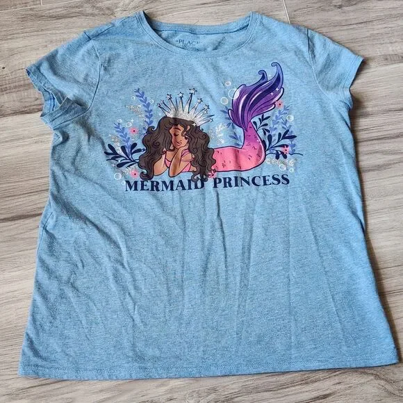 The Children's Place Mermaid Princess Graphic Tee Girls XL 14 Blue Glitter Shirt