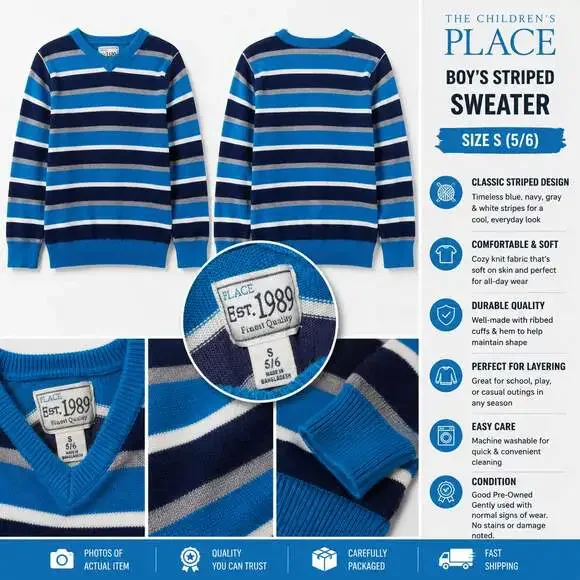The Children's Place Boys Blue Striped Long Sleeve Sweater Size S (5/6)