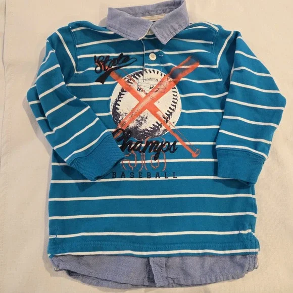 Children's Place Boys One Piece Baseball Themed Shirt Over a‎ Demin Oxford 4T
