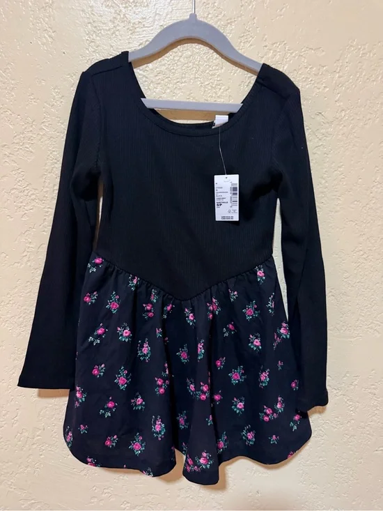 New Children’s Place Black Long-Sleeve Floral Skater Dress with Pink Accents