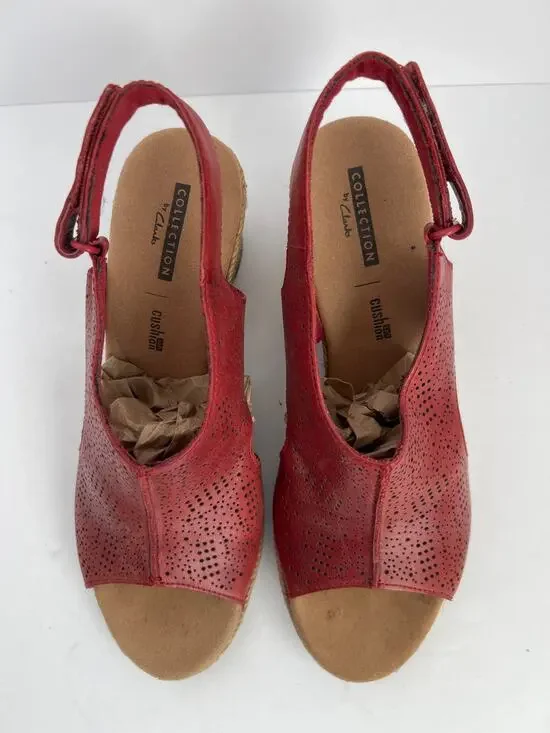 Clarks Collection Lafley Rosen Red Leather Espadrille Wedge Sandals Size 8