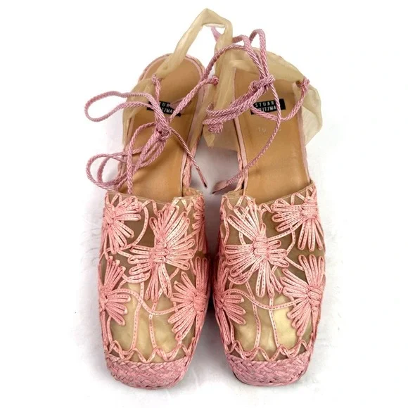 Stuart Weitzman‎ Rafia Espadrille Flats Pink Mesh Barbiecore Lace Up 10 Narrow