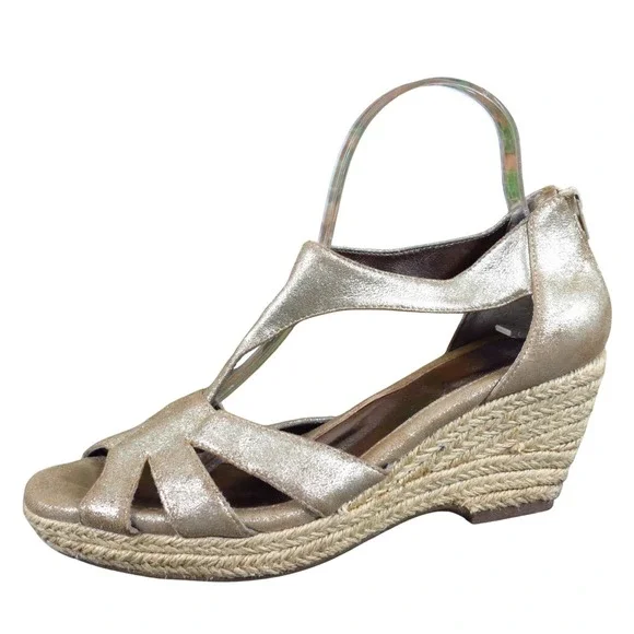 Sofft Mena Women Sandal Size 9 Espadrille Wedge‎ Casual Dress Gold Leather