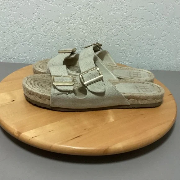 Haute Hippie Canvas Espadrille Flat Sandals Womens 10 Beige Double Buckle Slides
