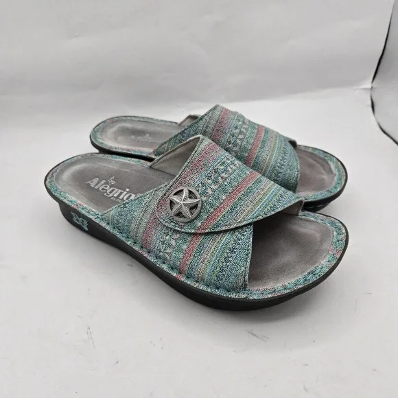 ALEGRIA Kylee Leather Printed Slide Sandals Seascape‎ Starfish EU 37 US 6.5