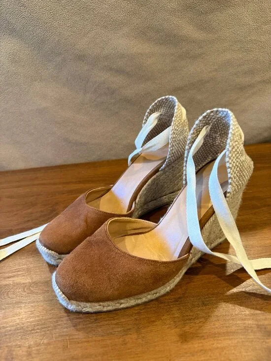 Women’s Tan Espadrille Wedge Sandals with Wrap Ankle Ties