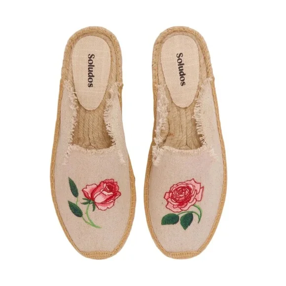 Soludos Women 10/10.5 Smoking Mule‎ Espadrilles Rose Embroidered Natural Canvas