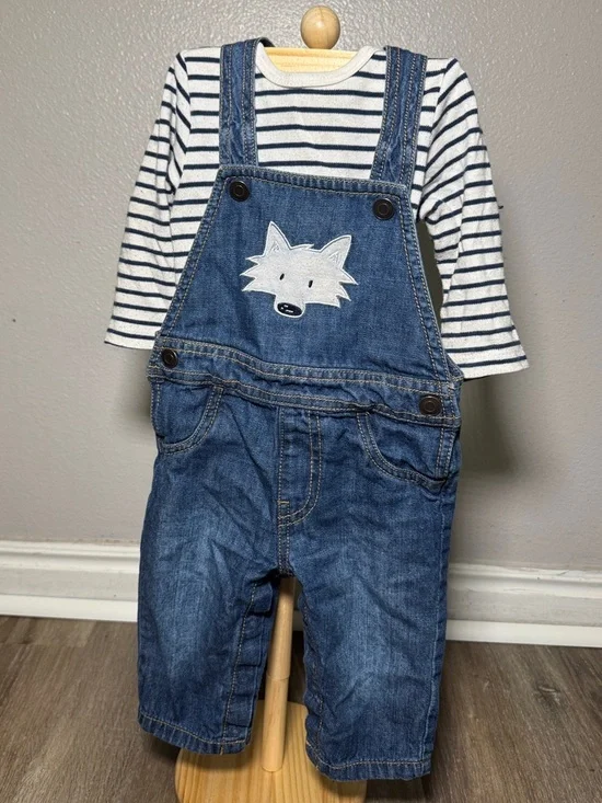 Striped Long Sleeve Top with Blue Denim Fox Overalls - Kids