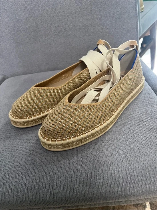 Rothy's Tan Woven Espadrille Flats with Cream Ankle Tie 9.5