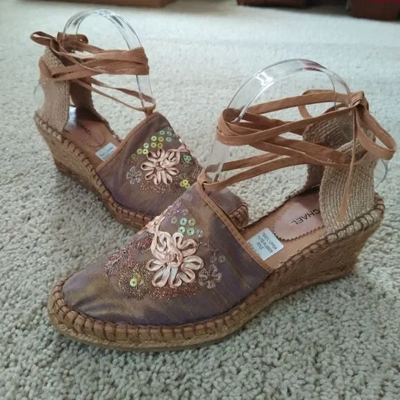 Eric Michael Espadrille Wrap Sandal Boho Ribbon Sequin Size EU 40 9 1/2