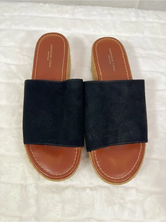American Eagle Black Suede Espadrille Flatform Slide Sandals Size 8