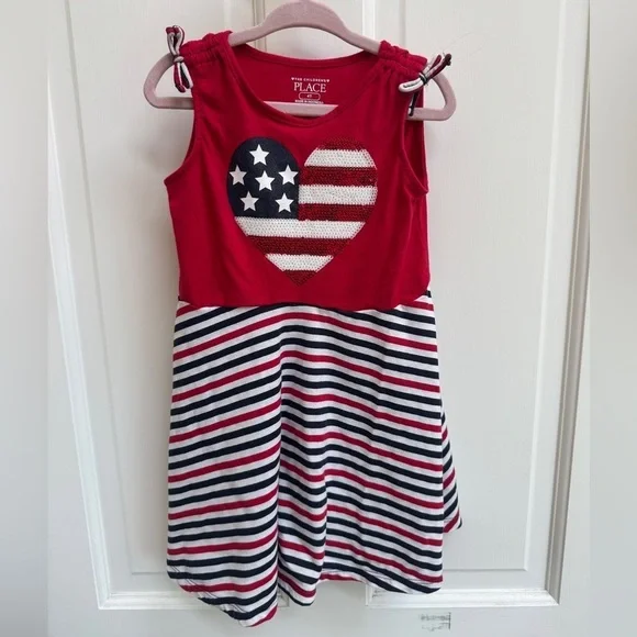 The Children's Place 4T Girls Patriotic Heart Sequin 4th of July Patriotic Dress