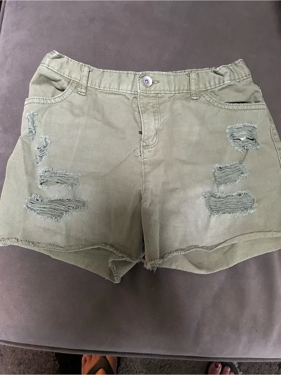 Girls Olive Distressed Jean Shorts