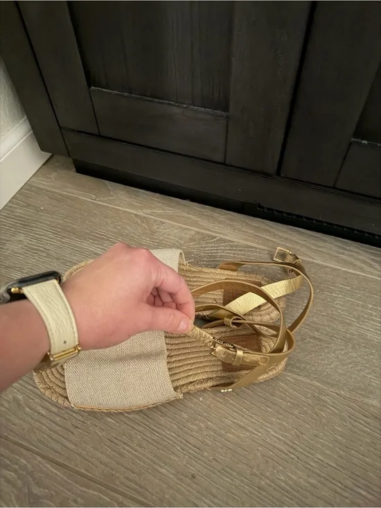 Tory Burch Beige Canvas Espadrille Sandals with Tan Ankle Strap