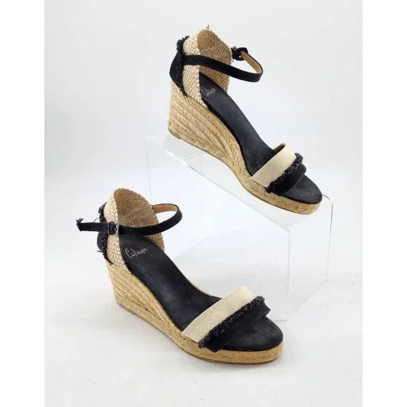CASTANER Open Toe Ankle Strap Wedge Sandals Espadrille‎ Shoes Black/Beige Size 6