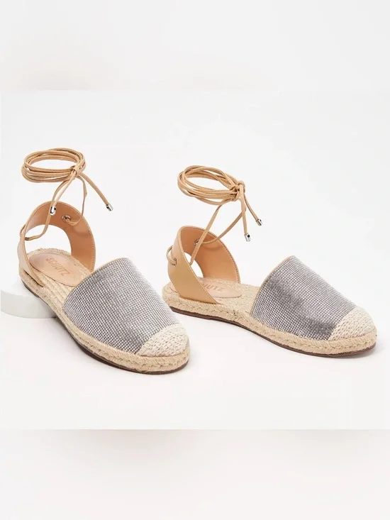 SCHUTZ Two-Tone Espadrille Glitter Flats in Gray and Tan 8.5