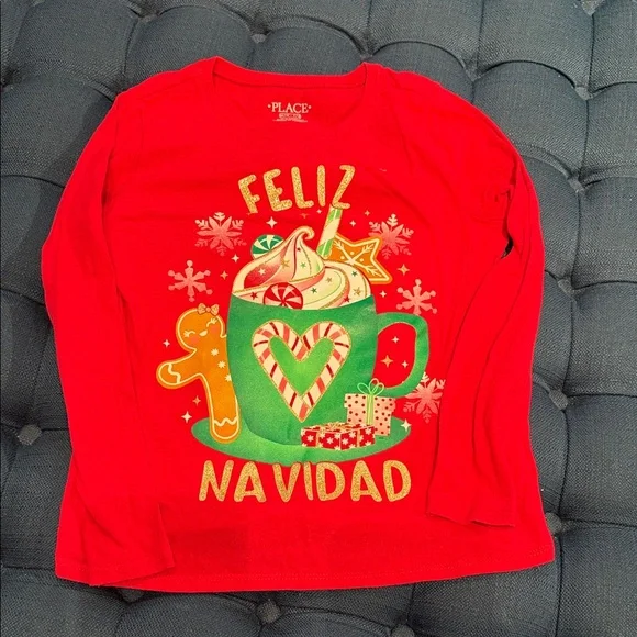 The Children's Place Red and Green Holiday Long Sleeve Tee 100% cotton (LR)