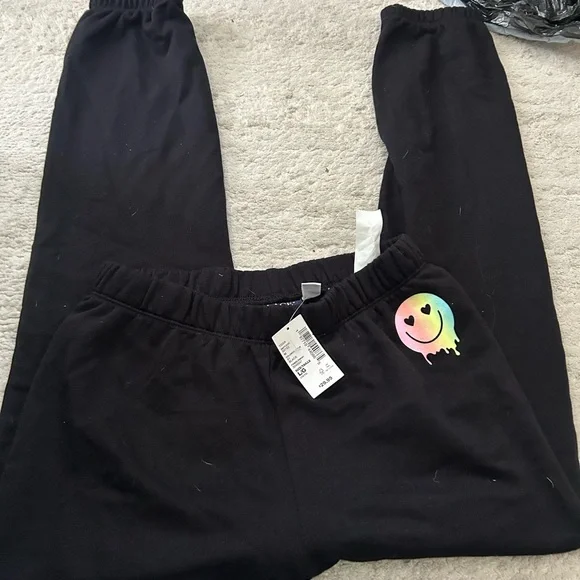 The Children’s Place Kids Black Sweatpants with Rainbow Smile Graphic NWT