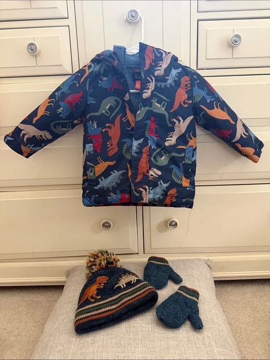 The Children's Place Navy Dinosaur Puffer Jacket with Multicolor Dino Print