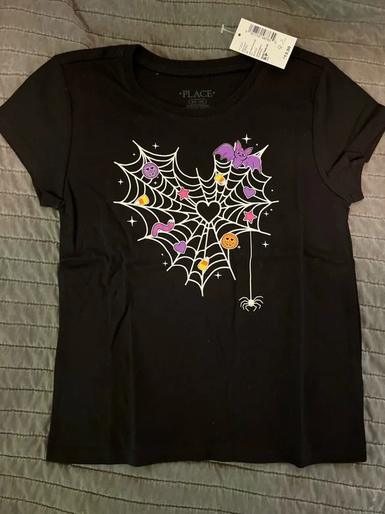 The Children's Place Black Short Sleeve Halloween Spiderweb Tee with Purple Bat