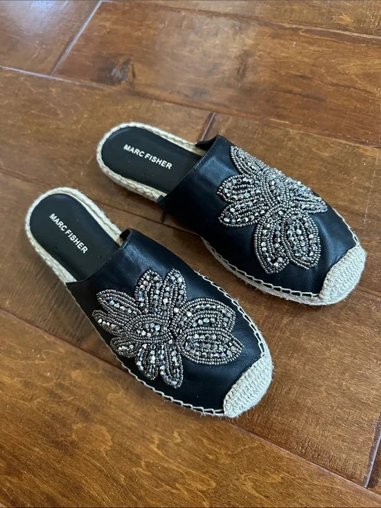 Mark Fisher 7.5 7 1/2 Leather Sparkle Black Leather Espadrille Slides Shoes
