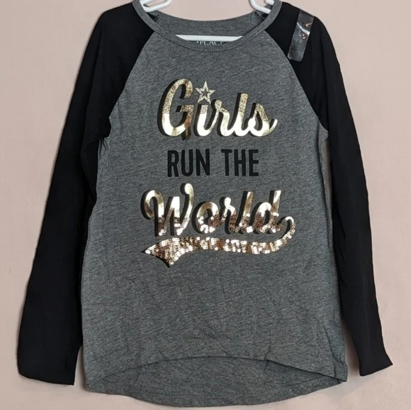 The Children's Place Girls Run the World Long Sleeve Tee in Gray and Gold