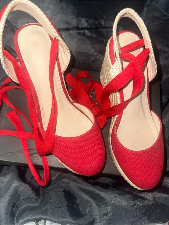 Red Lace-Up Espadrille Wedges