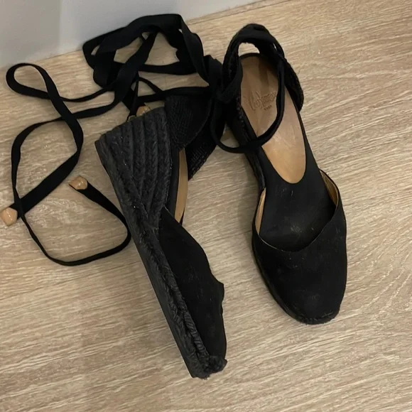 Castaner Black Espadrille Wedge Sandals with Ankle Wraps