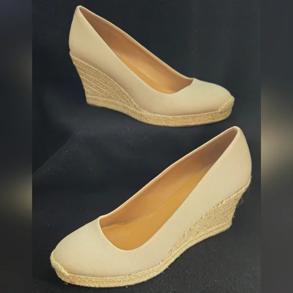 J. Crew Canvas Beige/Cream Espadrille Wedge Pumps - Size 10.5