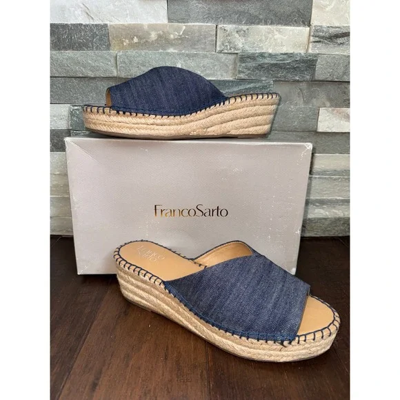 Franco Sarto Denim Espadrille Wedge Sandals Mule Blue Wide 8.5W Resortwear NWT