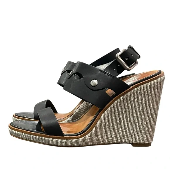1.STATE Gizela Black Leather Wedge Sandals 7 Platform Studded Boho Heels