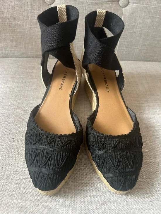 Lucky Brand women’s Black boho festival Espadrille Ankle-Wrap Wedge, size 9