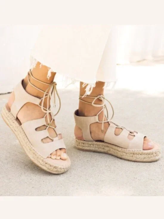 Soludos Sedona Ghillie Espadrille Nude Suede Boho Lace-Up Sandals Womens Size 9