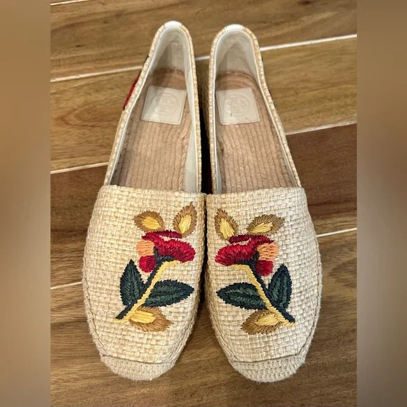 Tory Burch Natural Raffia Espadrille Flats with Red & Green Floral Embroidery