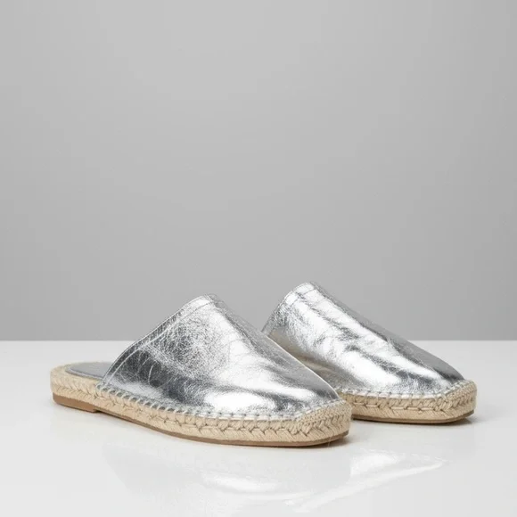 Zara crinkly leather silver metallic espadrille mules