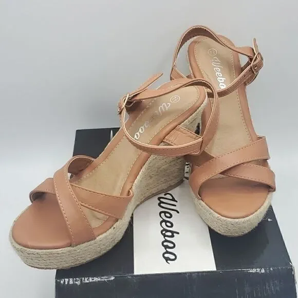 Weeboo Tan Mid High Heel Wedge Strappy Buckle Espadrille Sandals Size 7.5