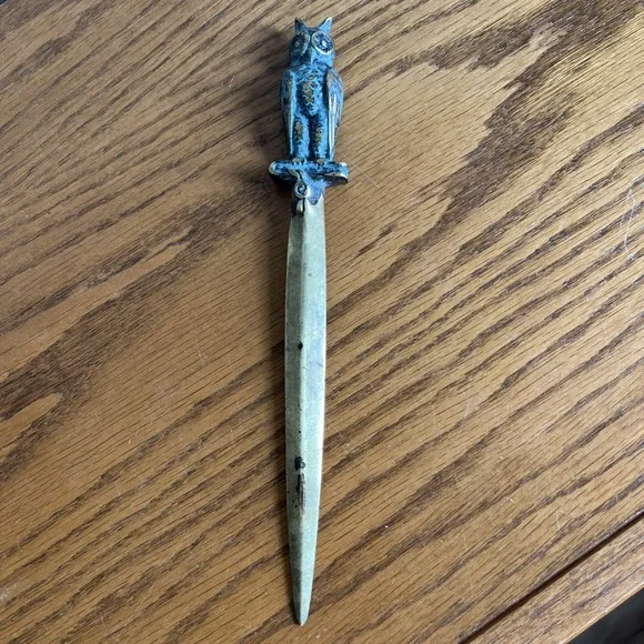 Vintage MCM Heavy Brass Owl Letter Opener Patina‎ Ornate 8.5