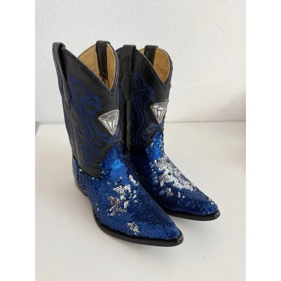 White Diamond Kids Blue Sequin Cowboy Boots Western Embroidered Pointed Toe 17