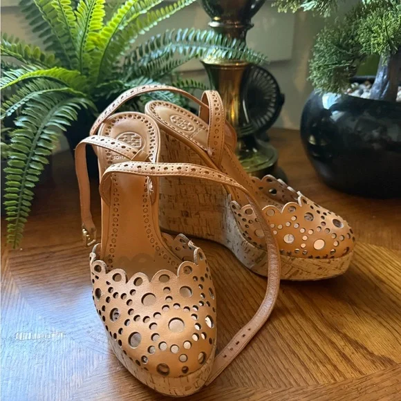 Tory Burch Verity Camel Laser Cut Wedge Sandals