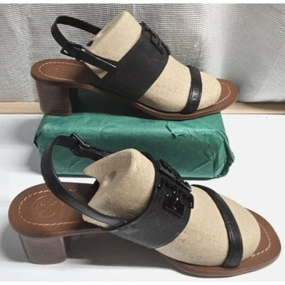 TORY BURCH Lowell black‎ leather block heel sandals woman Sz 11