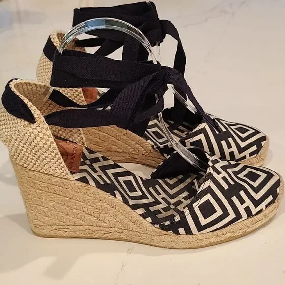 Tory Burch Geo Print Platform Wedge Espadrilles Navy White Boho Sandals