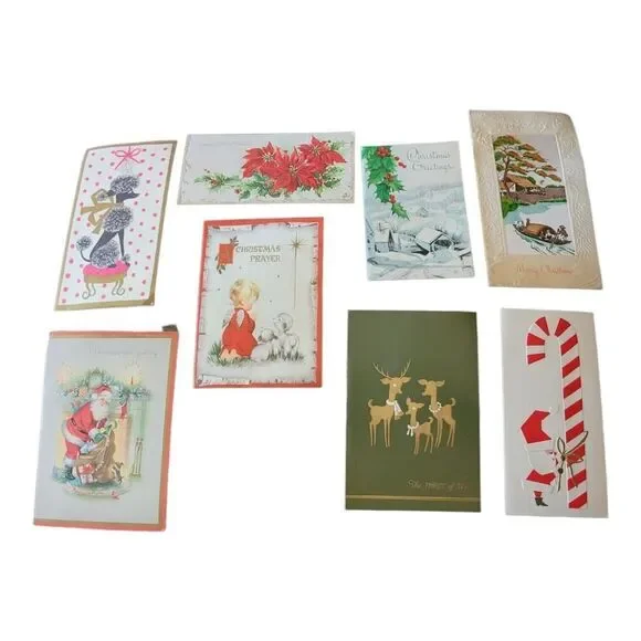 Vintage Christmas Cards 8 USED Santa Sleigh Reindeer Angel Lamb Retro 50s 60s