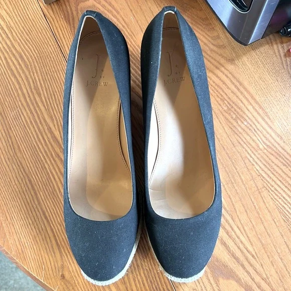 J. Crew Black Espadrille Wedges with Natural Jute Trim