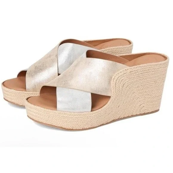 $189 Gentle Souls Porto 7.5 Slide Sandals Wedge Leather Silver Gold Espadrilles