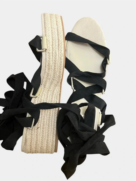 Boho Row Lace-Up Espadrille Platform Sandals Black Wrap Ties Size 10 Like New