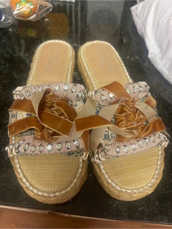 Sam Edelman Brown Velvet Bow Embellished Espadrille Slides