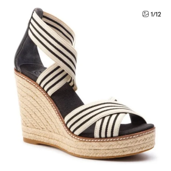 TORY‎ BURCH Frieda Navy Cream Elastic Strap Striped Espadrille Wedge Sandals 9.5