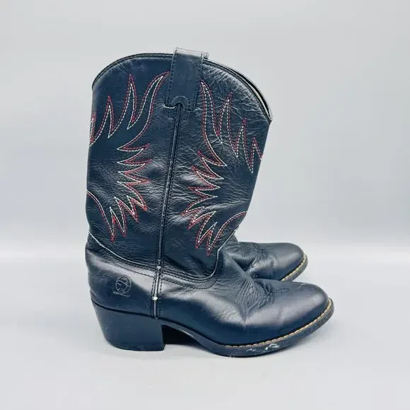 Durango Boots Boys 2.5Y Black Leather Western Cowboy Mid Calf Block Heel Shoes