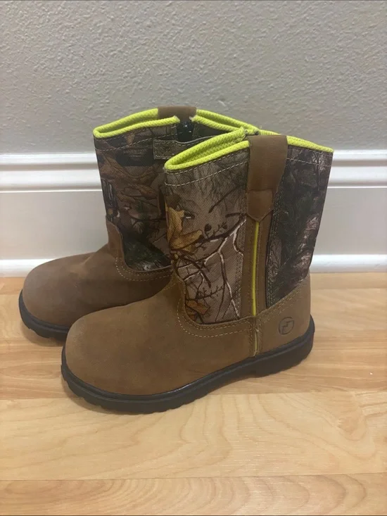 Magellan Outdoors Kids Brown Camo Pull-On Boots with Neon Yellow Trim